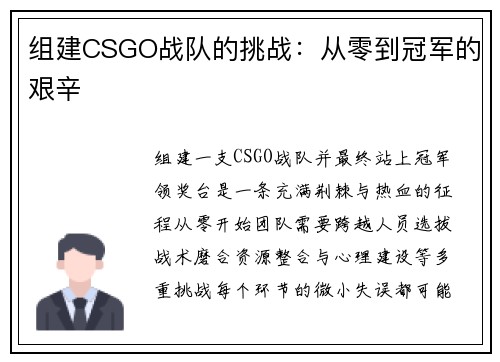 组建CSGO战队的挑战：从零到冠军的艰辛